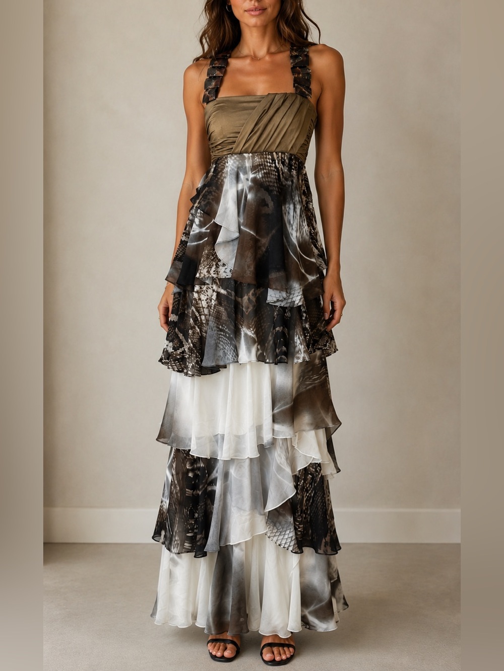 Veloudakis Tiered Ruffle Maxi Dress Beaded Straps Brown Ivory EU 38 US 6